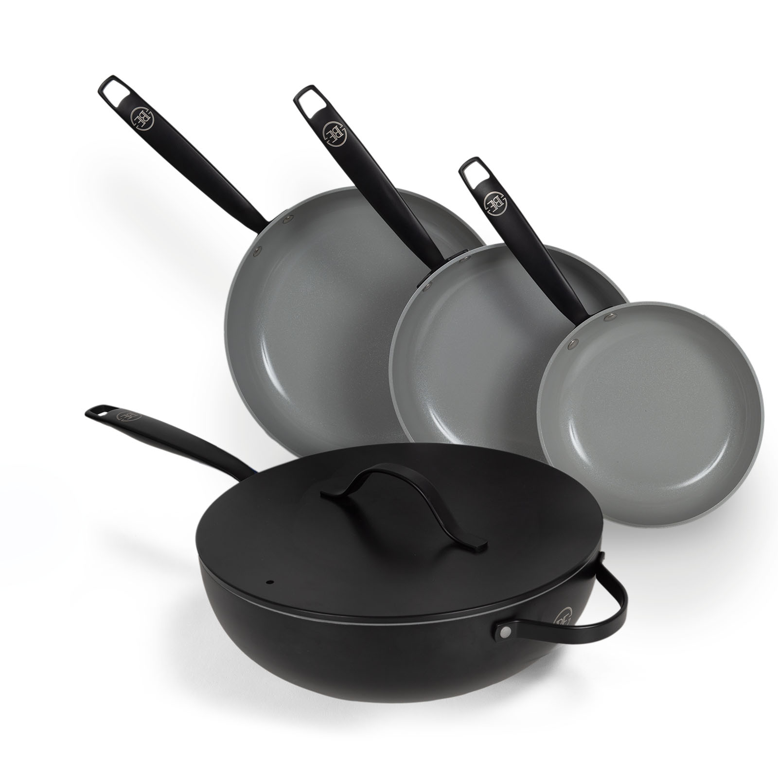 BE Living Essential Series 4-delige Pannenset - Koekenpannen Ø 20 cm, Ø 24 cm &amp; Ø 28 cm - Wokpan Ø 30 cm