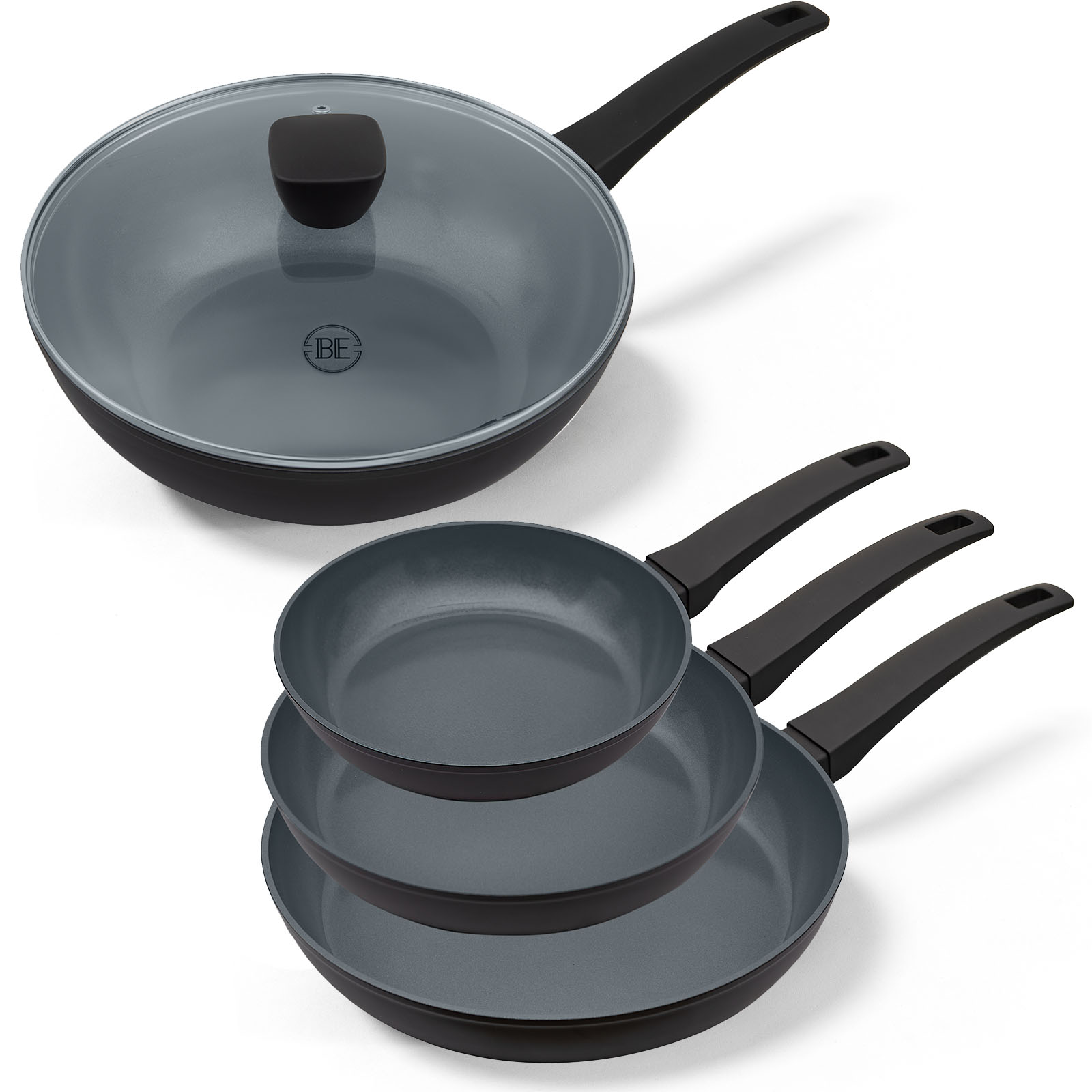 BE Living Delight Series Koekenpannenset Ø 20, 24 &amp; 28 cm + Ø 28 Wokpan met Deksel - Zwart