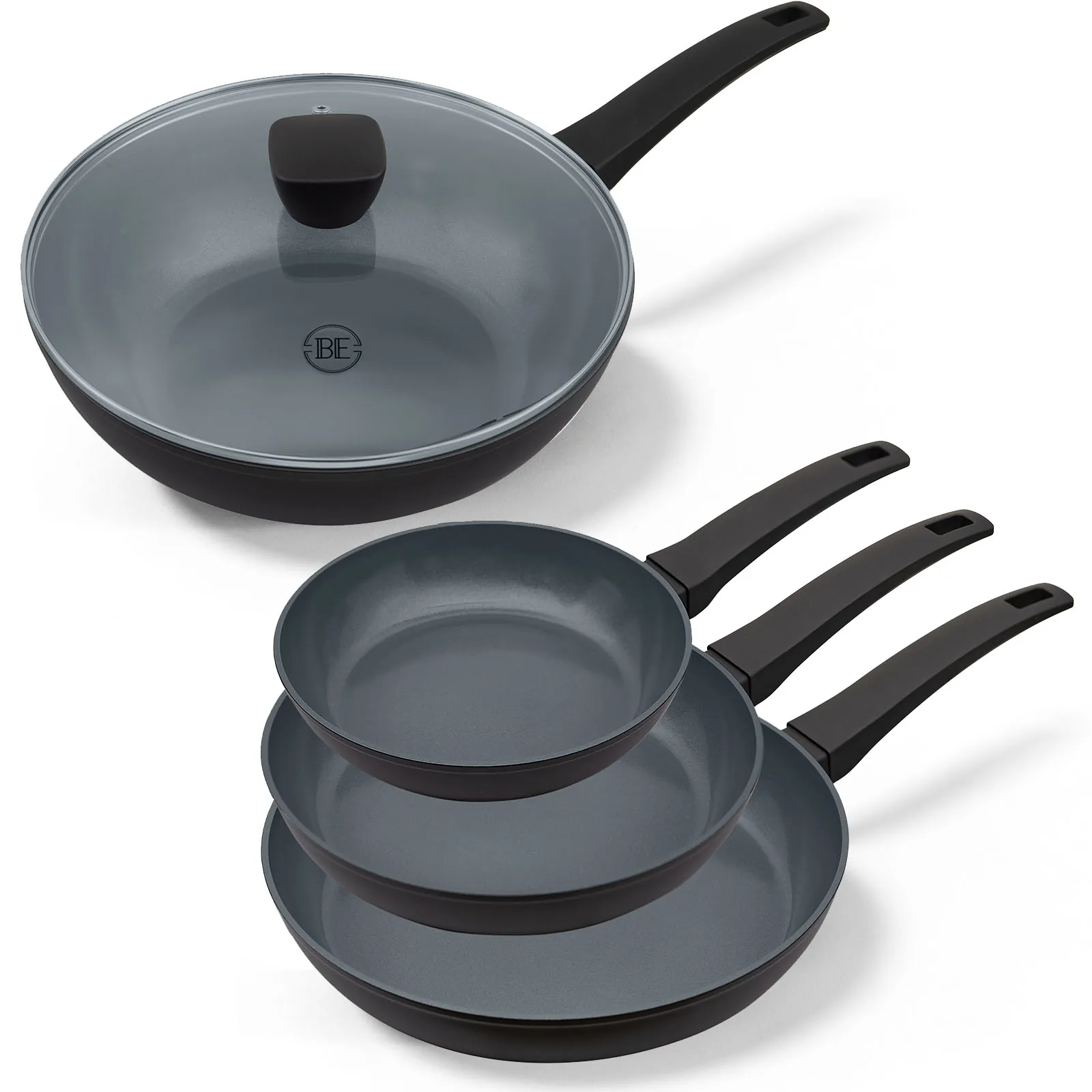 BE Living Delight Series Koekenpannenset Ø 20, 24 &amp; 28 cm + Ø 28 Wokpan met Deksel - Zwart