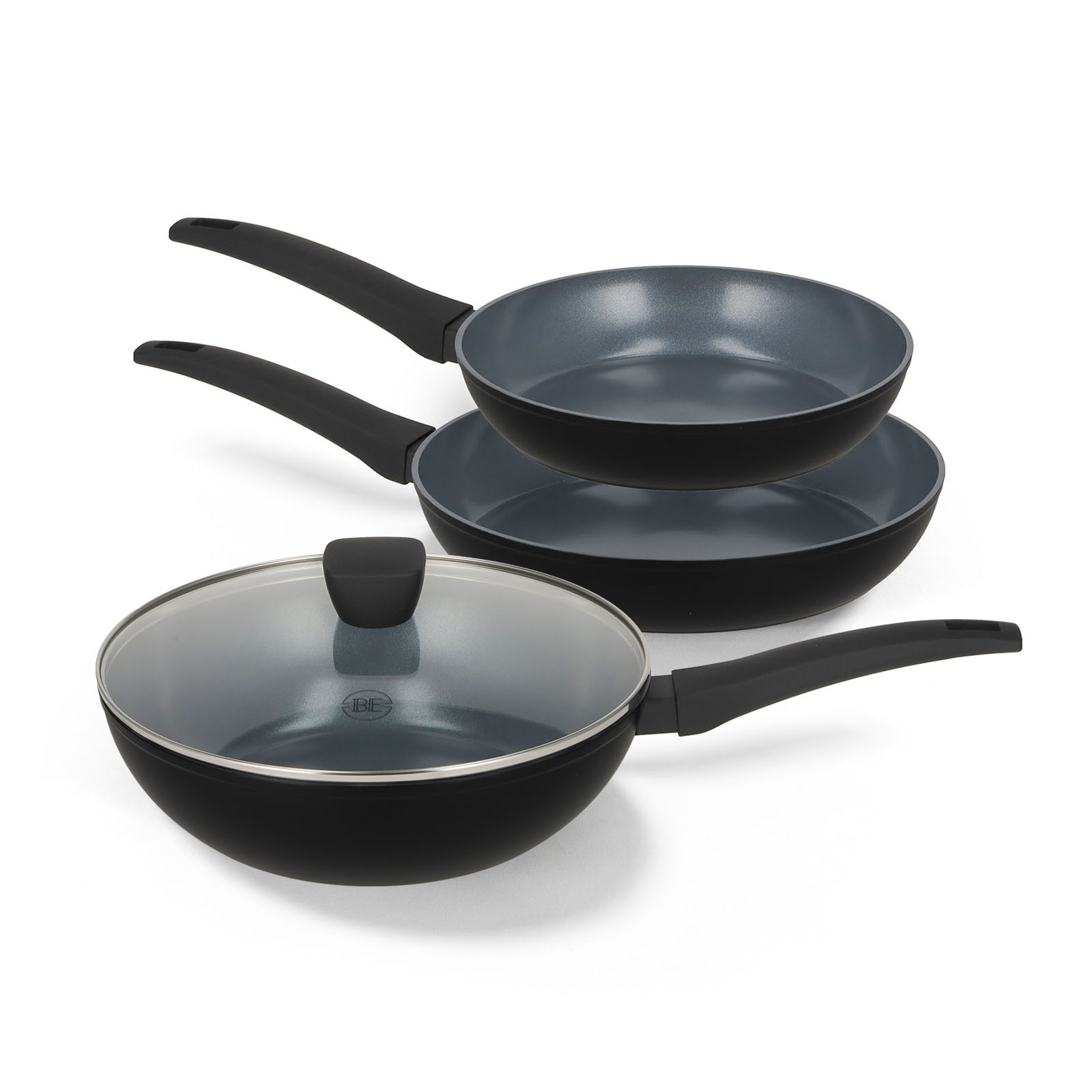 BE Living Delight Series Pannenset 3-delig - Koekenpannen Ø 24 cm &amp; Ø 28 cm - Wokpan met deksel Ø 28 cm
