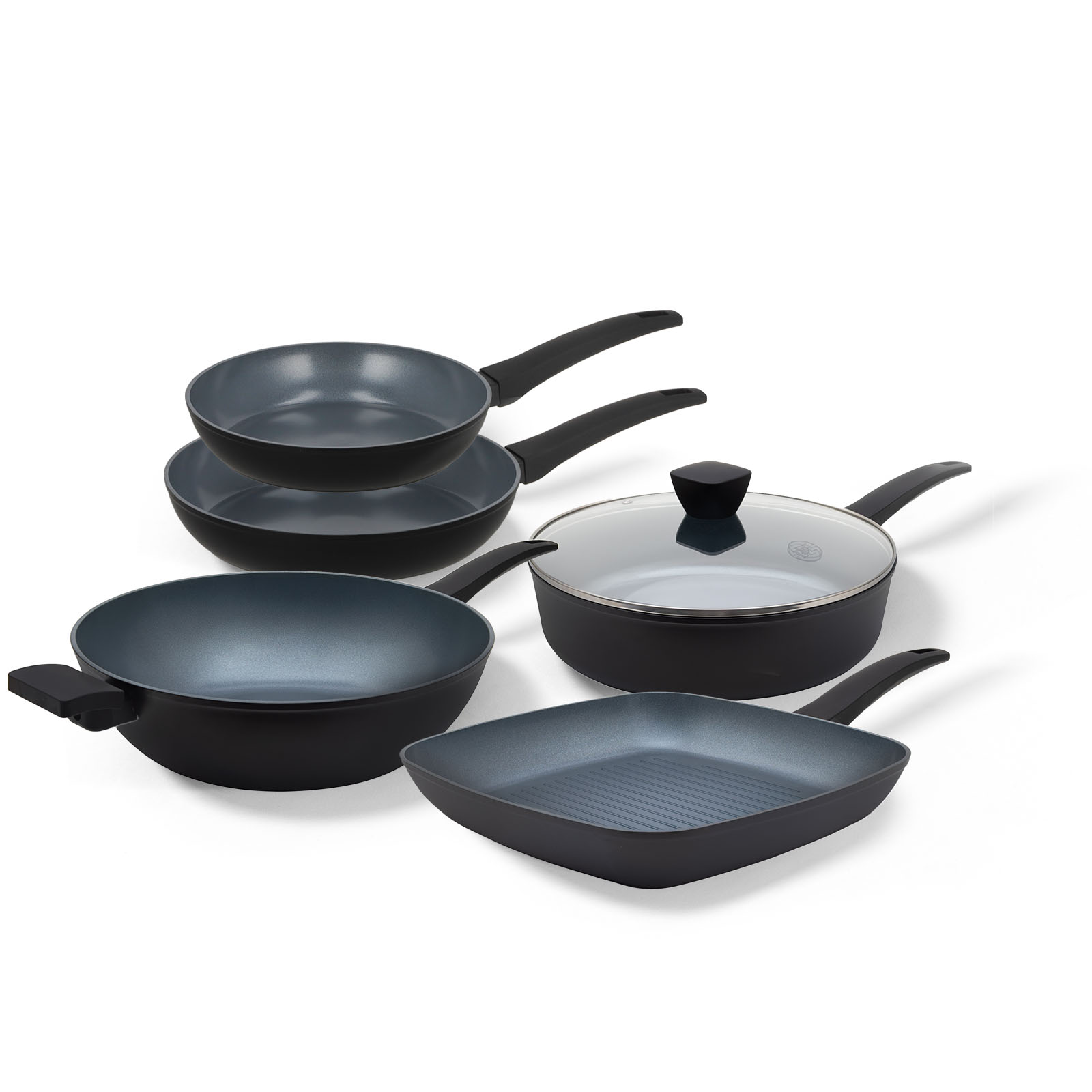 BE Living Delight Series Pannenset 3-delige - Ø 24 cm &amp; 28 cm Koekenpan + Ø 32 cm Wokpan met deksel - Ø 28 Hapjespan - Ø 28 Grilpann