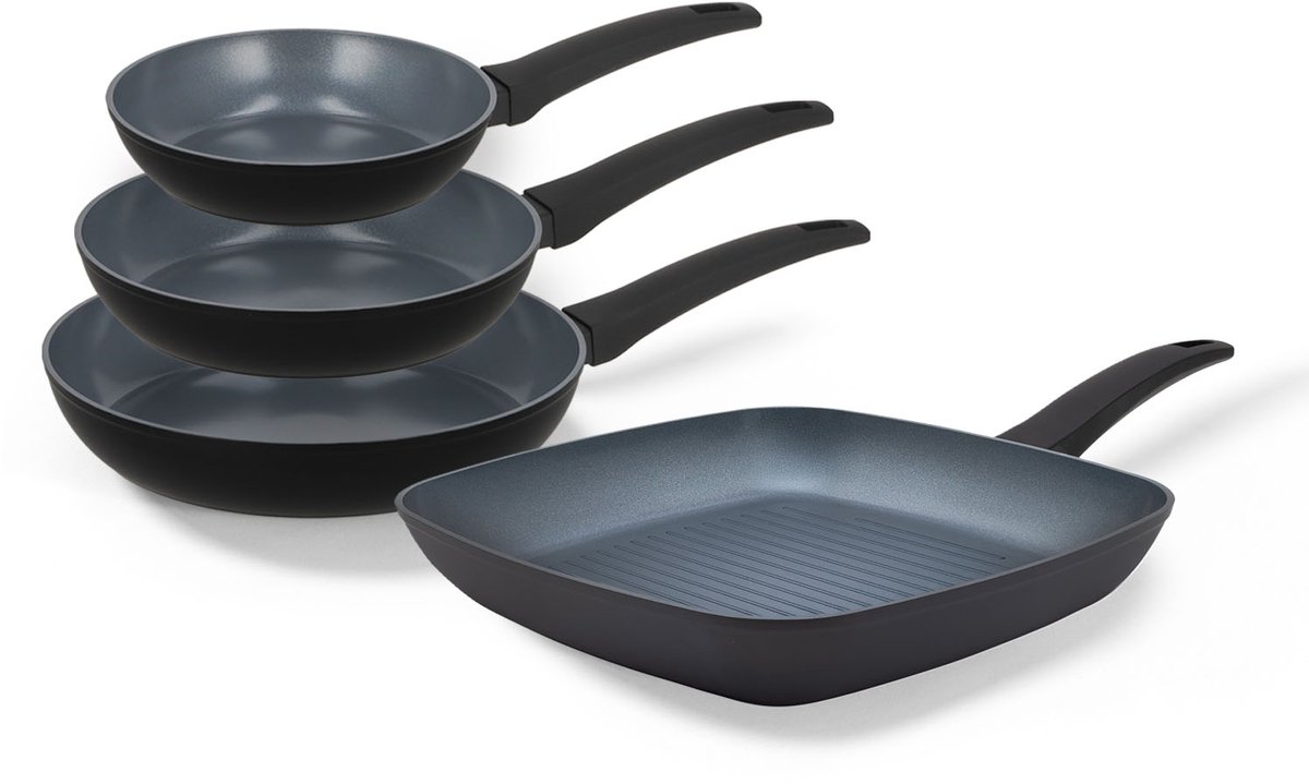 BE Living Delight Series Pannenset 4-delig - Ø 20, 24 &amp; 28 cm Koekenpan - Ø 28 cm Grillpan