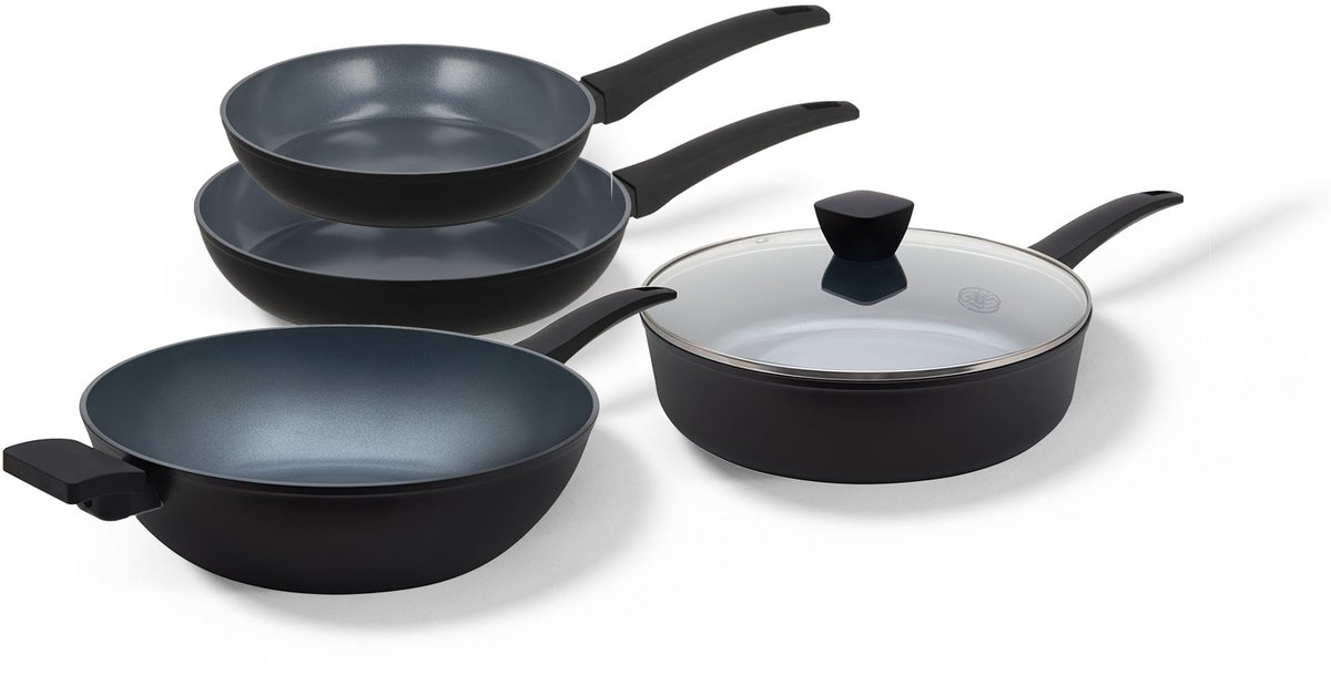 BE Living Delight Series Pannenset 4–delig – Ø 24 &amp; 28 cm Koekenpan - Ø 32 cm Wokpan - Ø 28 cm Hapjespan met Deksel