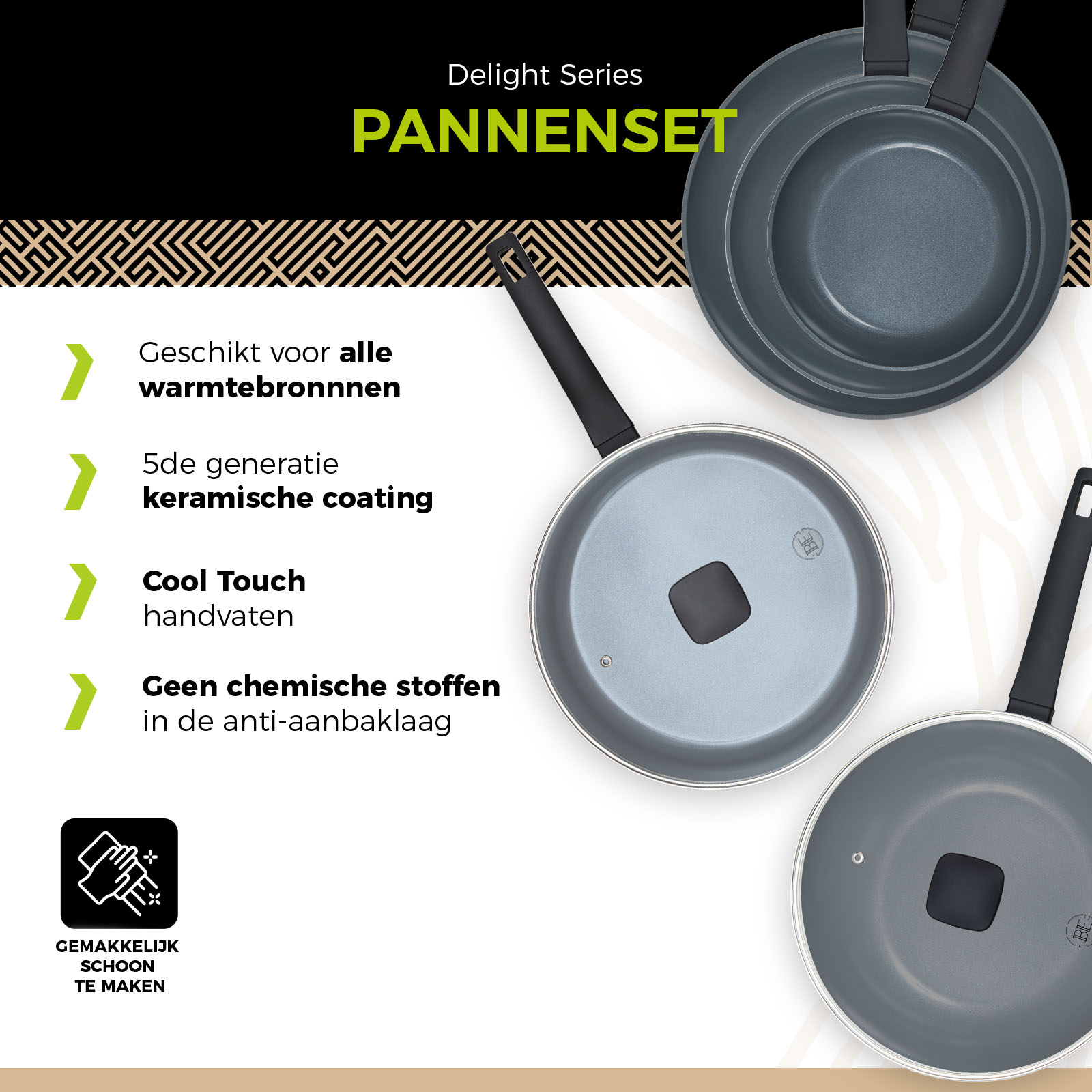 BE Living Essential 5-delige Pannenset - 20, 24 & 28 cm Koekenpan 30 cm Wokpan 28 cm Hapjespan - Koekenpannenset - Keramisch - PFAS vrij - Inductie - Grijs