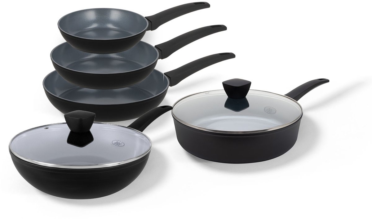 BE Living Delight Series Pannenset 5-delig - Ø 20, 24 &amp; 28 cm Koekenpan - Ø 28 cm Wokpan met Deksel - Ø 28 cm Hapjespan