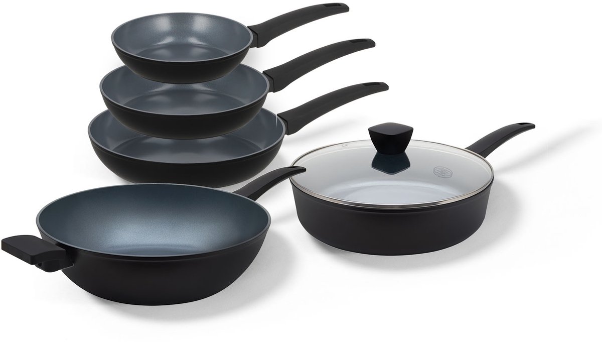 BE Living Delight Series Pannenset 5-delig - Ø 20, 24 &amp; 28 cm Koekenpan - Ø 32 cm Wokpan - Ø 28 cm Hapjespan met Deksel