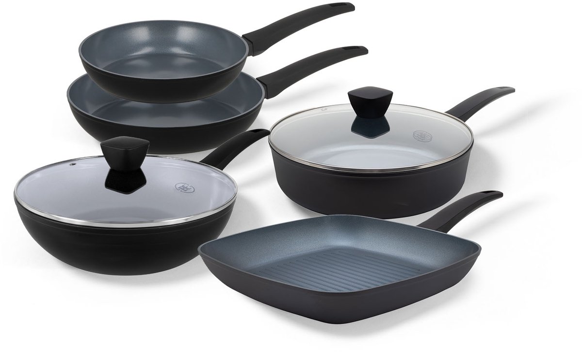 BE Living Delight Series Pannenset 5-delig - Ø 24 &amp; 28 cm Koekenpan - Ø 28 cm Wokpan met Deksel - Ø 28 cm Hapjespan - Ø 28 Grillpan