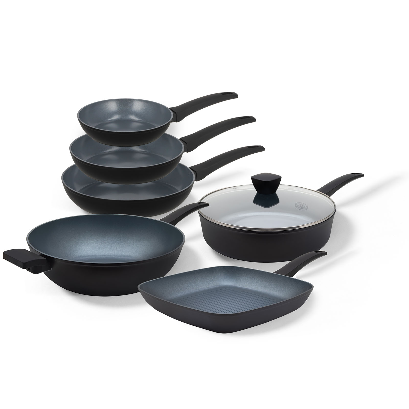 BE Living Delight Series Pannenset 6-delig Koekenpannen Ø 20 cm, 24 cm &amp; 28 cm - Wokpan Ø 32 cm - Hapjespan met deksel Ø 28 cm - Grillpan Ø 28 cm