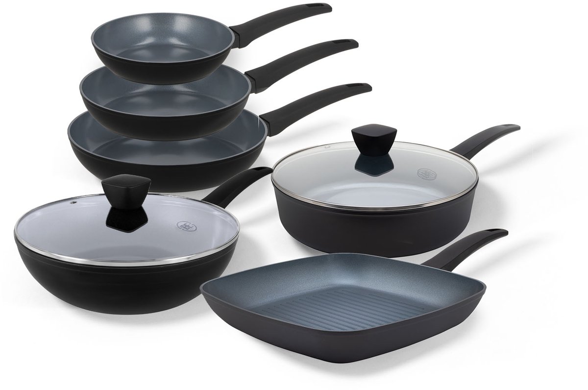 BE Living Delight Series Pannenset 6-delig - Ø 20, 24 &amp; 28 cm Koekenpan - Ø 28 cm Wokpan met Deksel - Ø 28 cm Hapjespan - Ø 28 cm grillpan