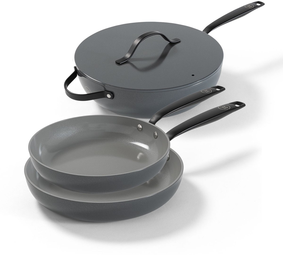 BE Living Essential Series Pannenset 3-delige - Ø 24 &amp; 28 cm Koekenpan + Ø 30 cm Wokpan - Grijs