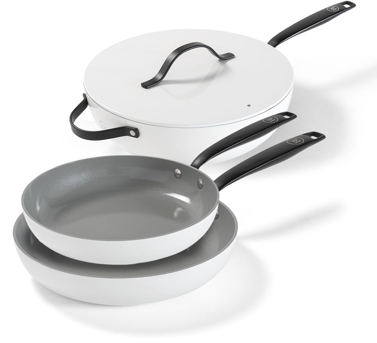 BE Living Essential Series Pannenset 3-delige - Ø 24 cm &amp; 28 cm Koekenpan + Ø 30 cm Wokpan - Wit