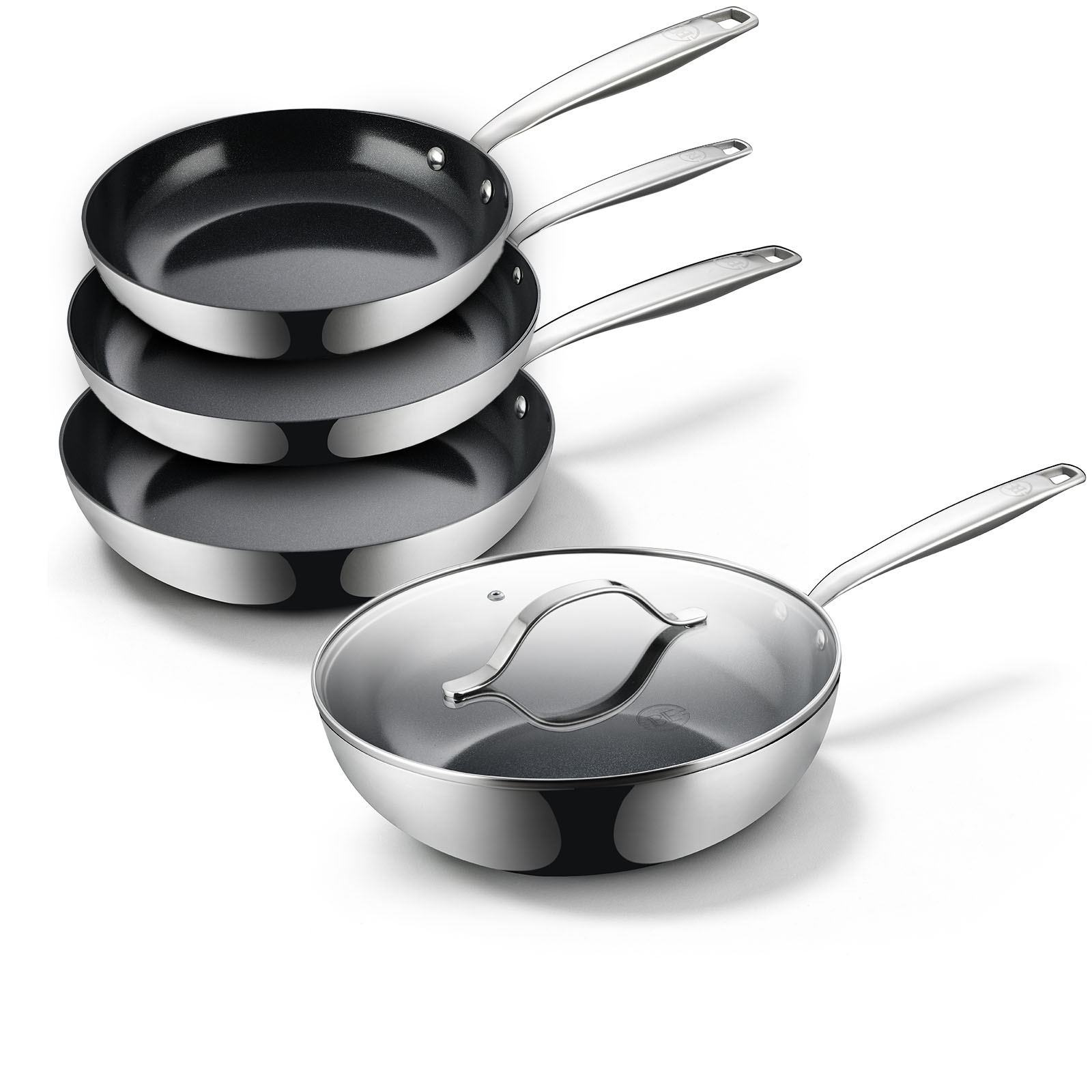 BE Living Essential Series Stainless Steel Black Pannenset 4-delig - Koekenpannen Ø 20, 24 &amp; 28 cm - Wokpan met Deksel Ø 28 cm