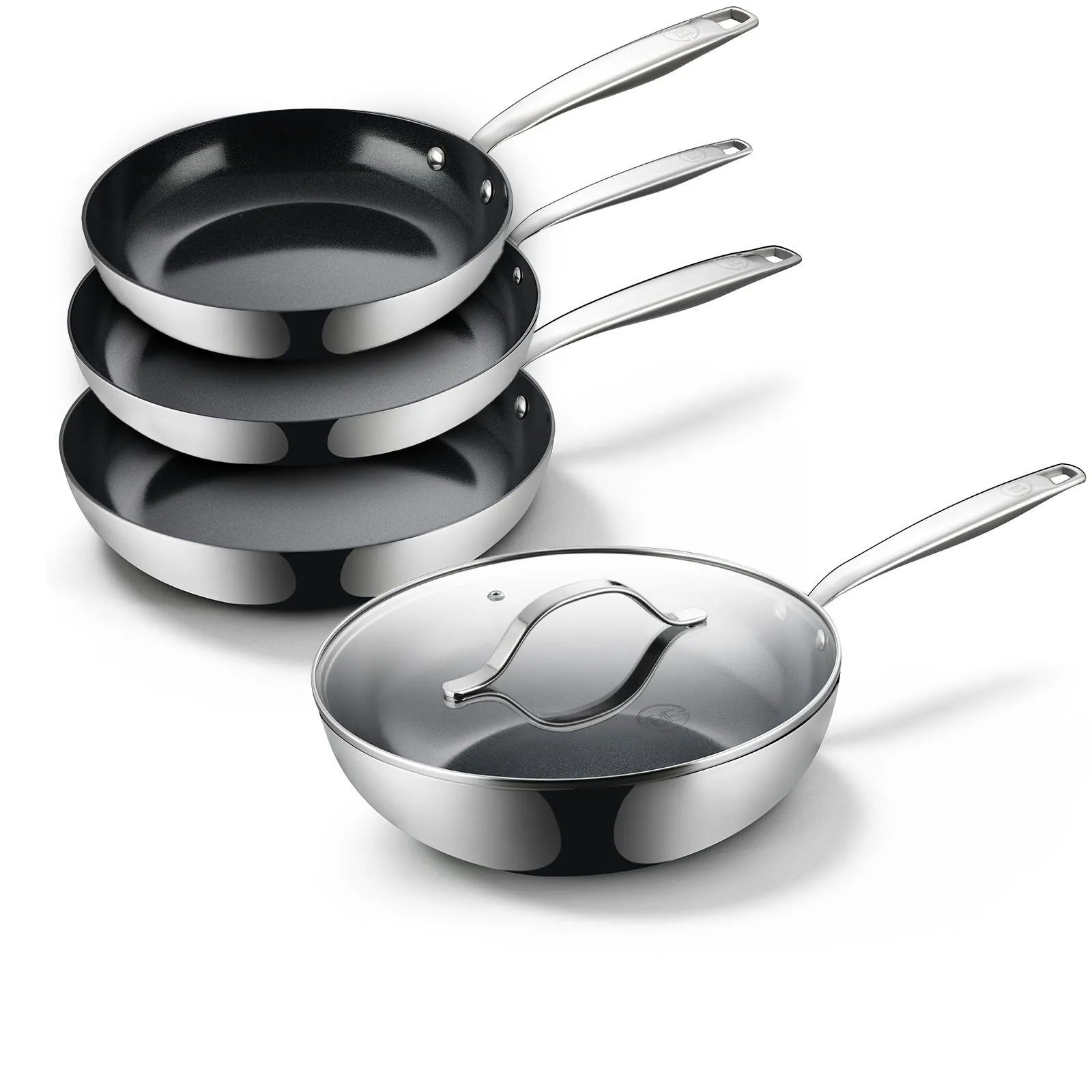 BE Living Essential Series RVS Pannenset 4-delig - Koekenpannen Ø 20, 24 &amp; 28 cm - Wokpan met Deksel Ø 28 cm