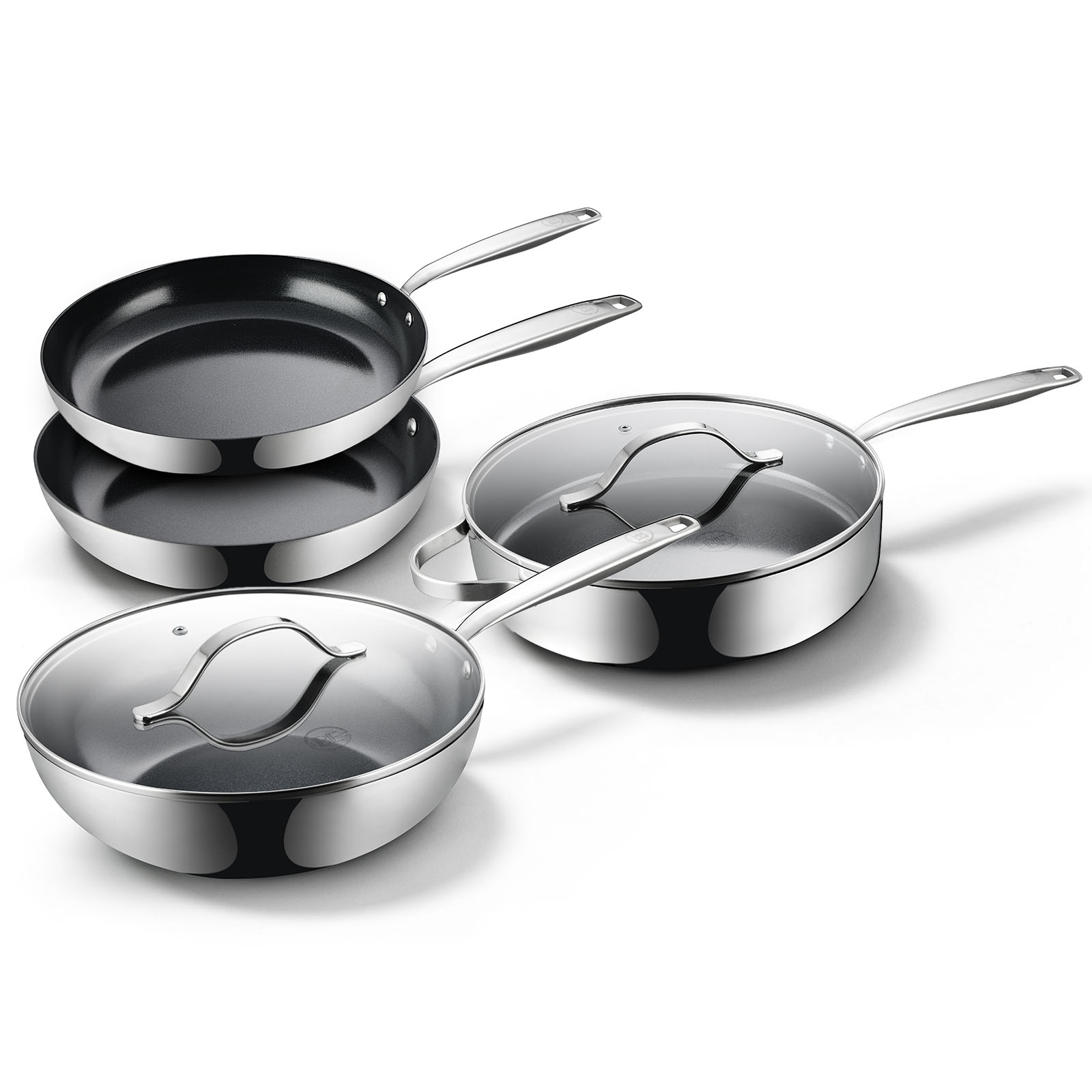 BE Living Essential Series Stainless Steel Black Pannenset 4-delig - Koekenpannen Ø 24 &amp; 28 cm - Wokpan met Deksel Ø 28 cm - Hapjespan met Deksel Ø 28 cm
