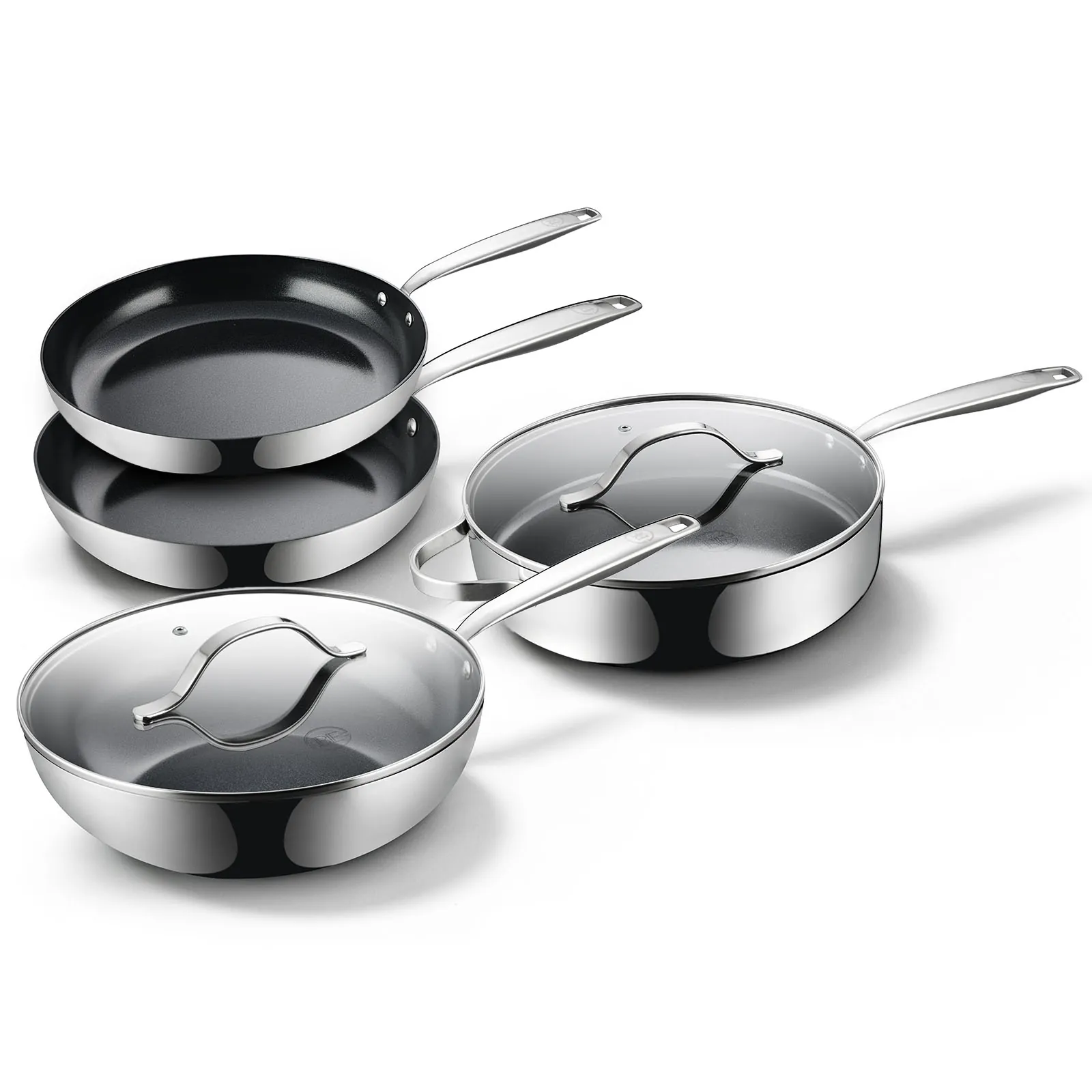 BE Living Essential Series RVS Pannenset 4-delig - Koekenpannen Ø 24 &amp; 28 cm - Wokpan met Deksel Ø 28 cm - Hapjespan met Deksel Ø 28 cm