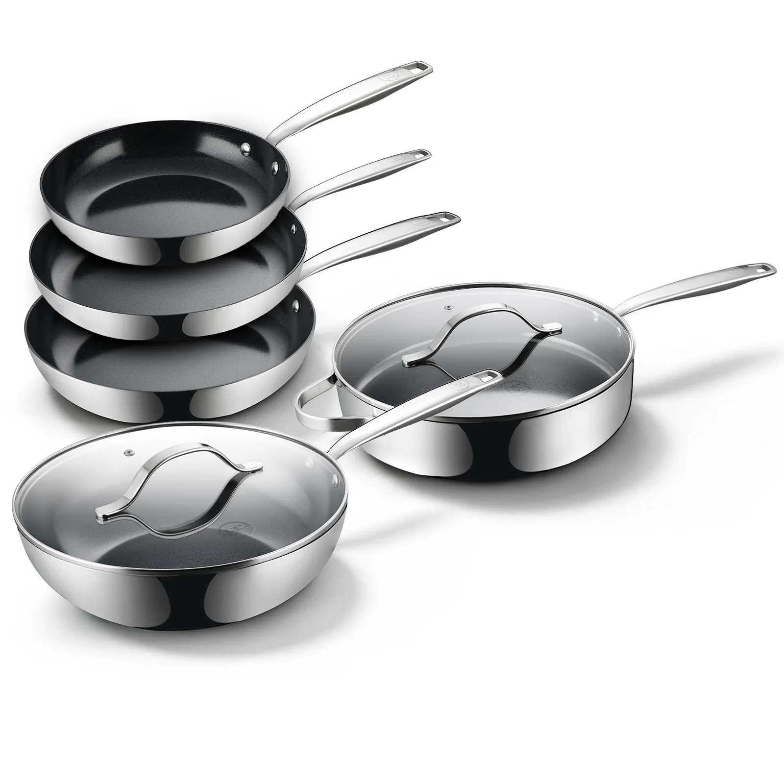 BE Living Essential Series RVS Pannenset 5-delig - Koekenpannen Ø 20, 24 &amp; 28 cm - Wokpan met Deksel Ø 28 cm - Hapjespan met Deksel Ø 28 cm