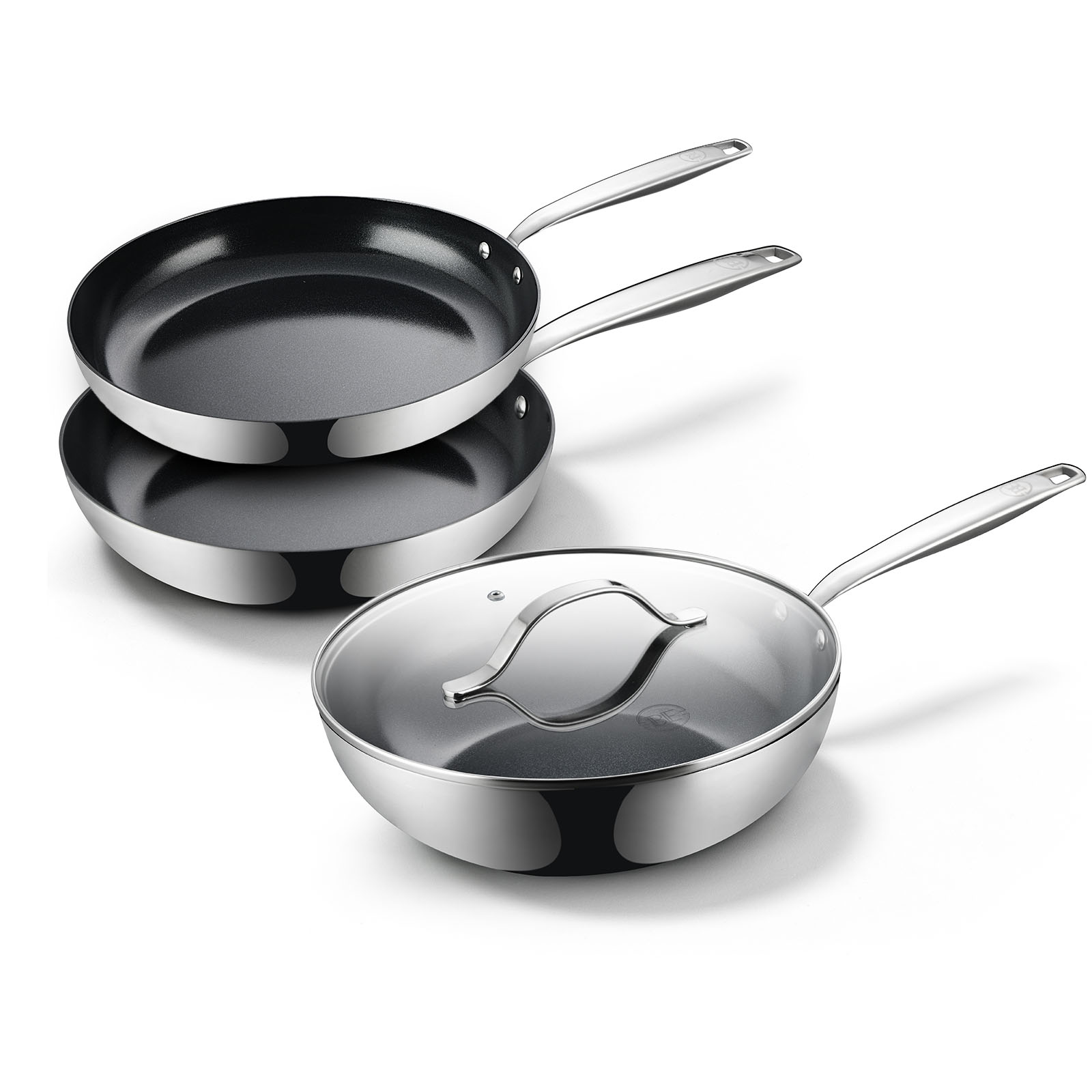 BE Living Essential Series Stainless Steel Black Pannenset 3-delig - Koekenpannen Ø 24 &amp; 28 cm - Wokpan met Deksel Ø 28 cm