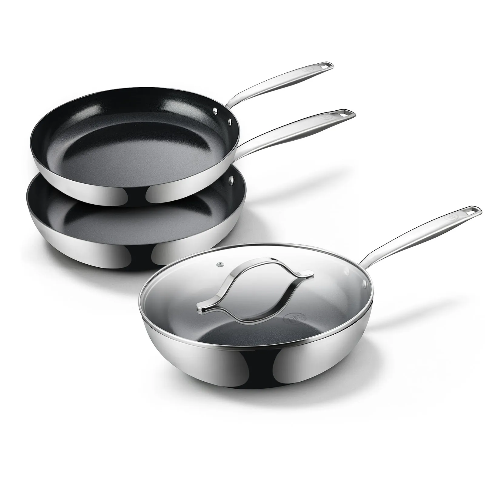 BE Living Essential Series RVS Pannenset 3-delig - Koekenpannen Ø 24 &amp; 28 cm - Wokpan met Deksel Ø 28 cm