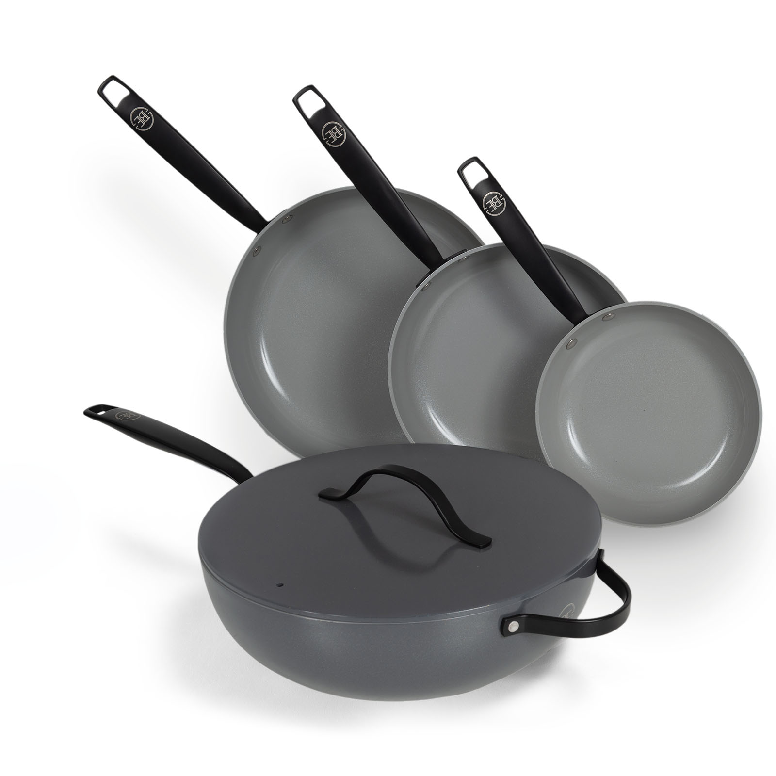 BE Living Essential Series 4-delige Pannenset - Koekenpannen Ø 20 cm, Ø 24 cm &amp; Ø 28 cm - Wokpan Ø 30 cm