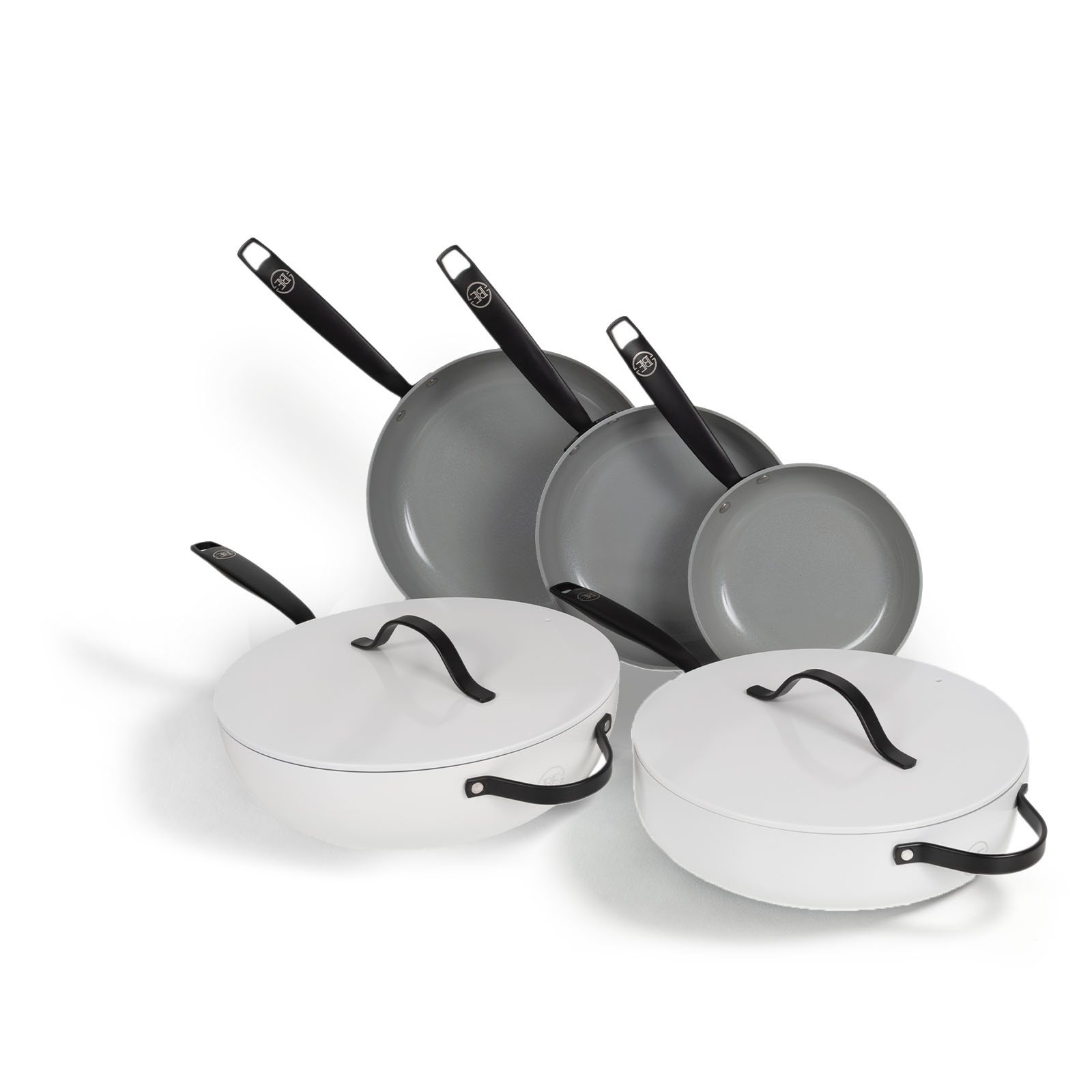 BE Living Essential Series 5-delige Pannenset - Koekenpannen Ø 20 cm, Ø 24 cm &amp; Ø 28 cm - Wokpan Ø 30 cm - Hapjespan Ø 28 cm